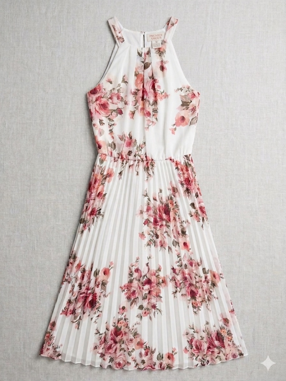 Pleated Halter Maxi Dress in White with Pink Floral Print